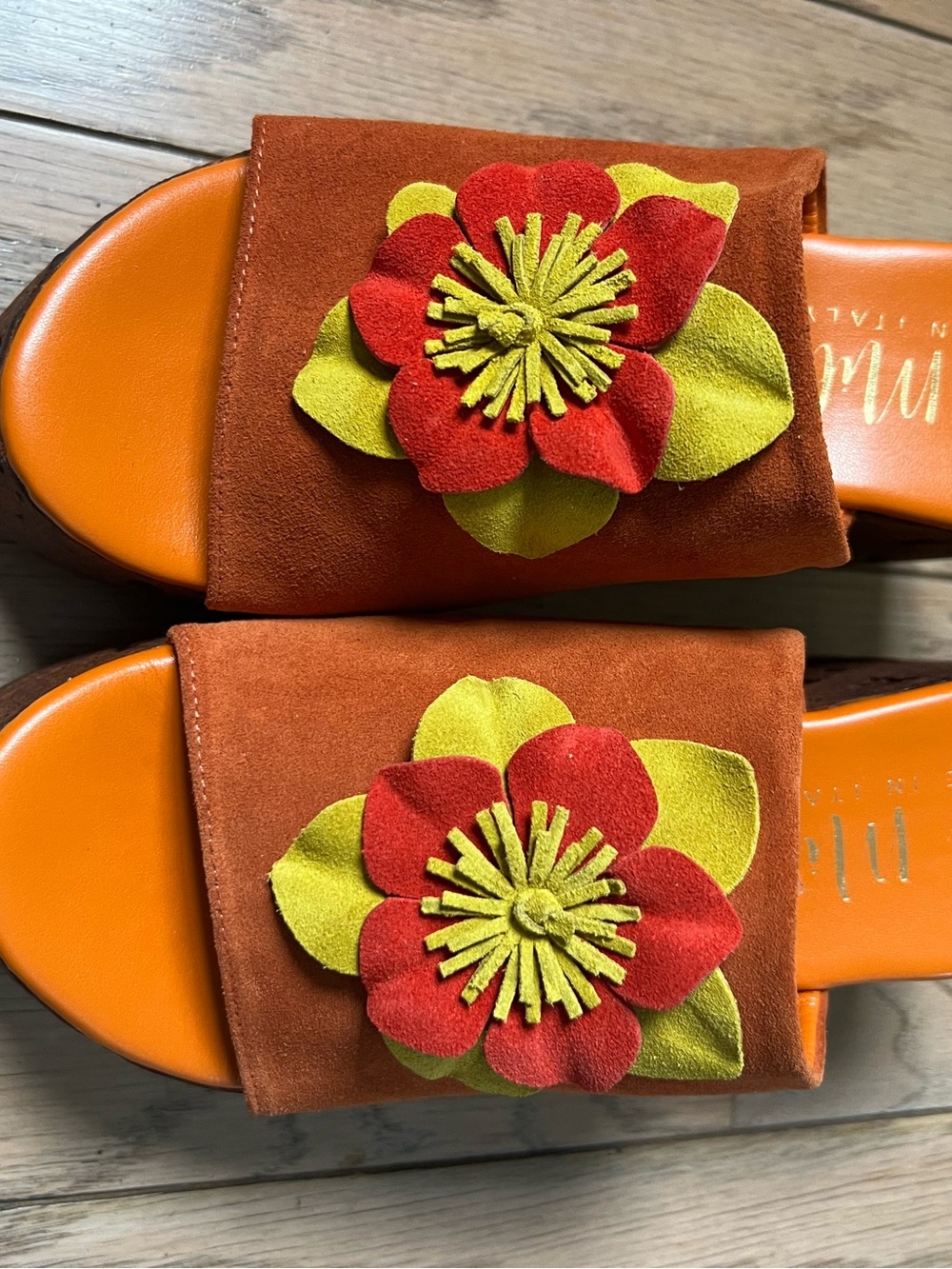 Orange Suede platform wedge Slide Sandals with Red & Lime Flower Appliqués